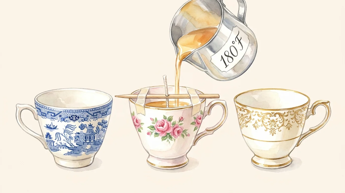 A watercolor painting of vintage teacups being filled with wax to create custom candles.