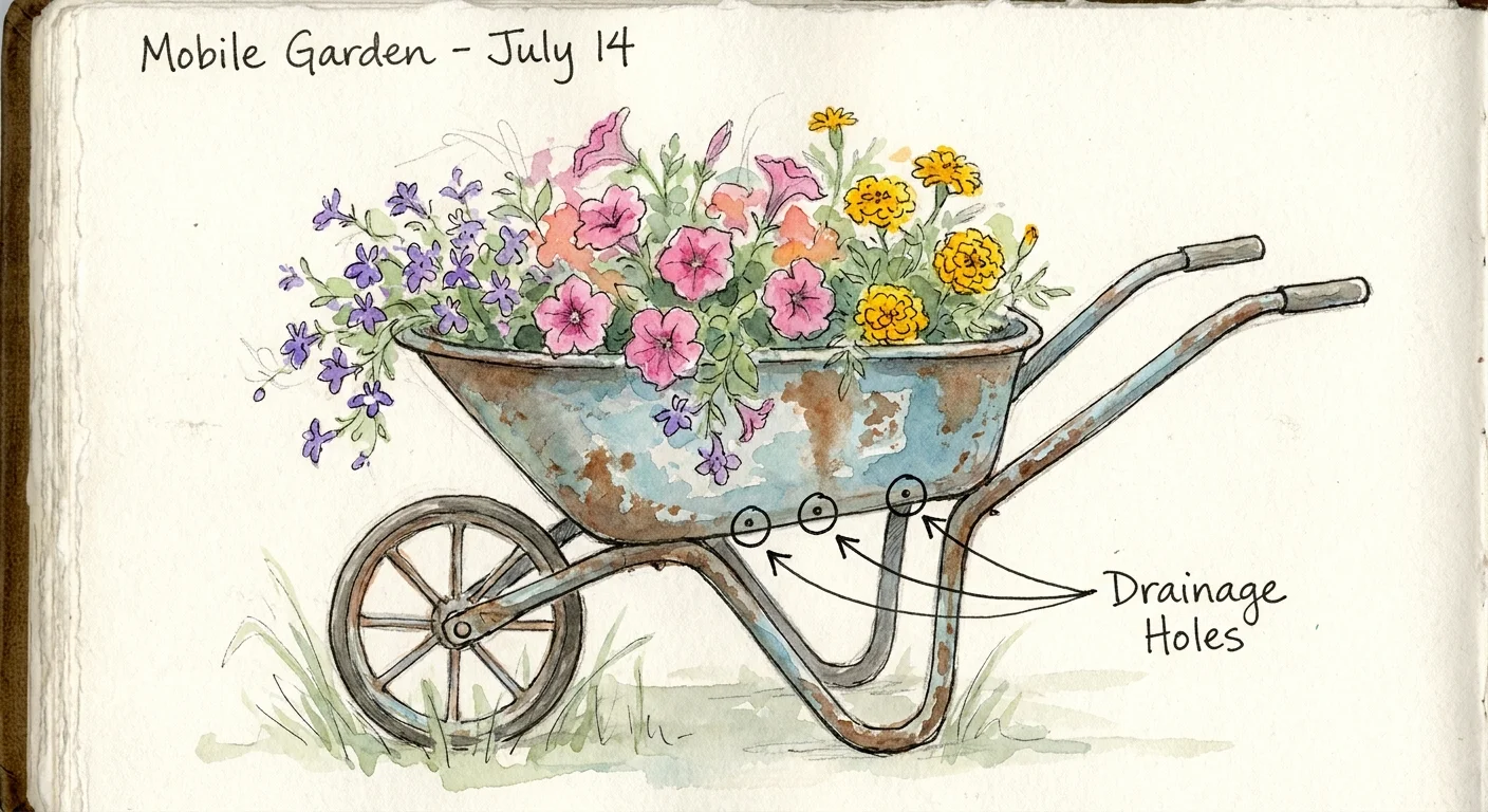 A watercolor sketch of a vintage blue wheelbarrow filled with pink, purple, and yellow flowers.