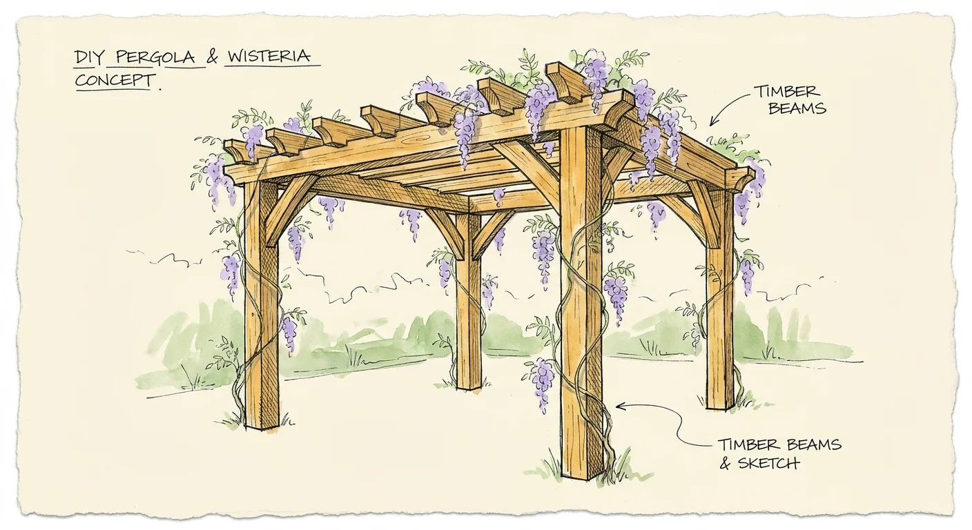 A watercolor sketch of a wooden pergola with purple wisteria vines growing over the rafters.