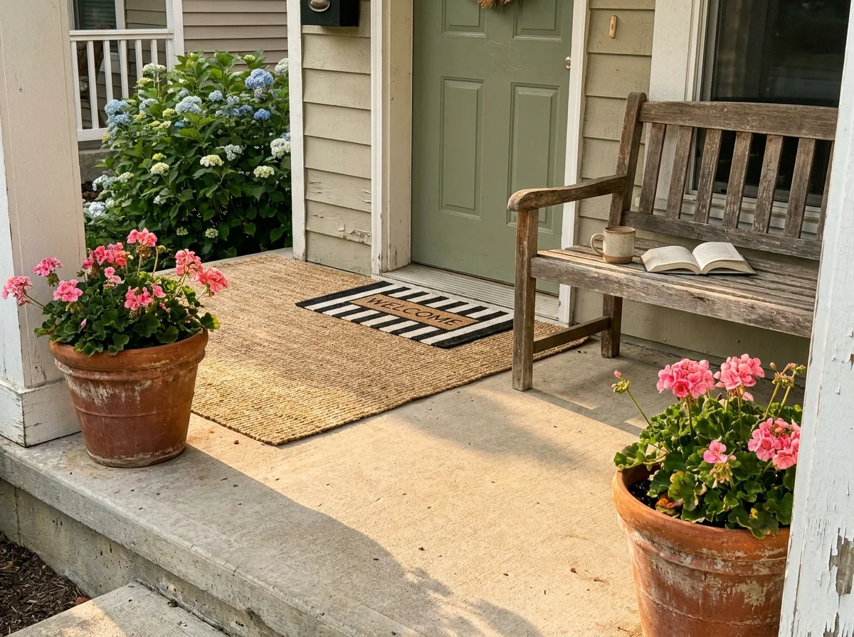 A welcoming front porch with a green door, layered rugs, potted flowers, and a wooden bench in the golden afternoon light.