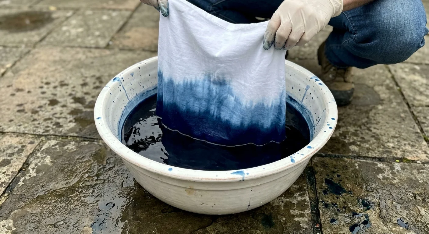 A white pillow cover being dipped into a bowl of indigo dye, showing a gradient effect.