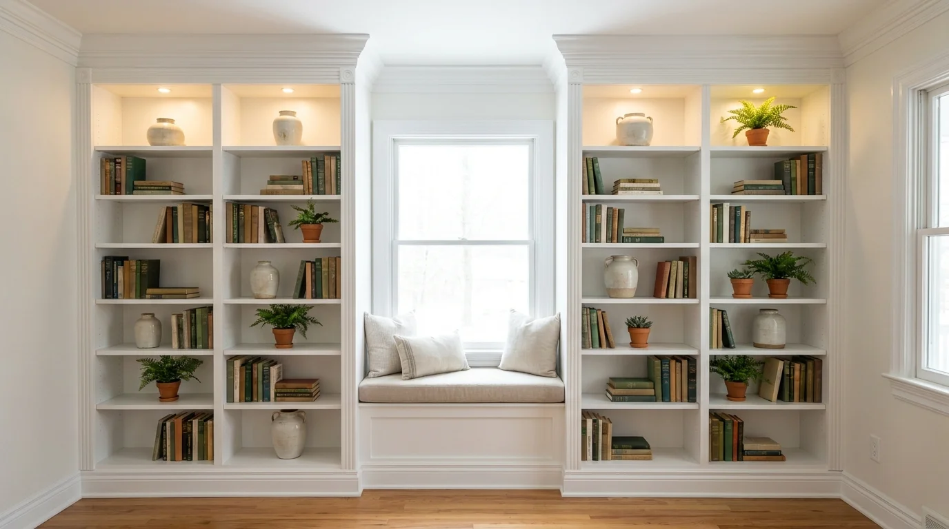 A wide shot of white bookshelves modified with molding to look like permanent, architectural built-ins.