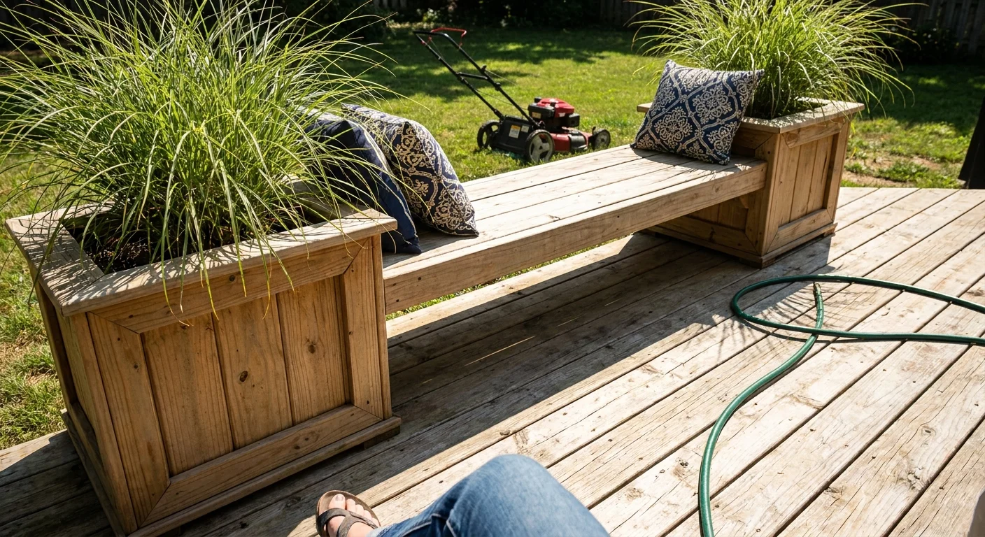 A wooden bench with built-in planters on the ends, featuring ornamental grasses and blue patterned pillows.