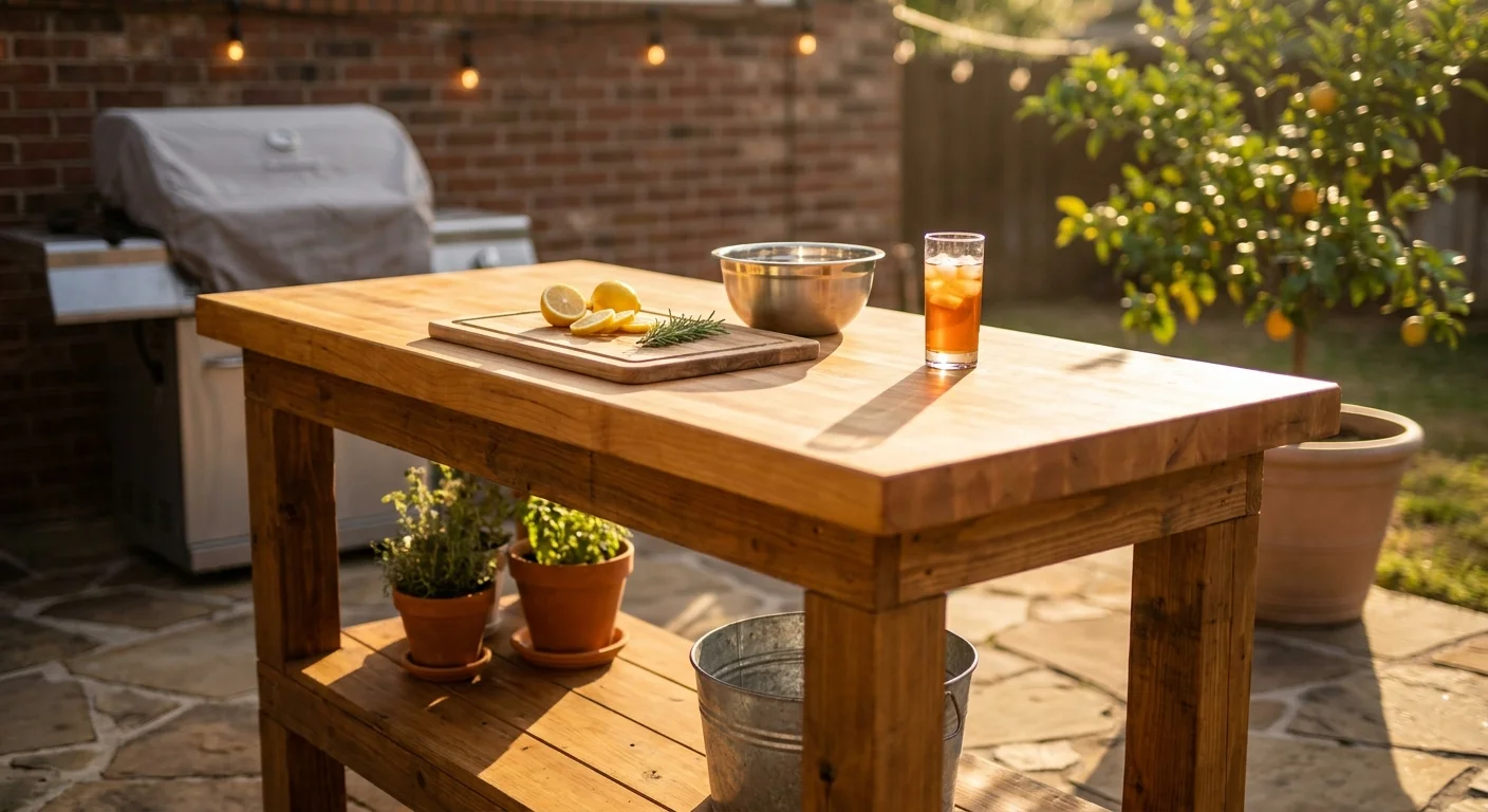 A wooden outdoor kitchen prep station with a butcher block top and fresh herbs in a sunny backyard.