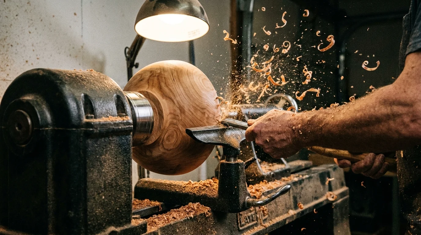 A woodworking tool carves a spinning hardwood bowl on a lathe, sending wood shavings flying.