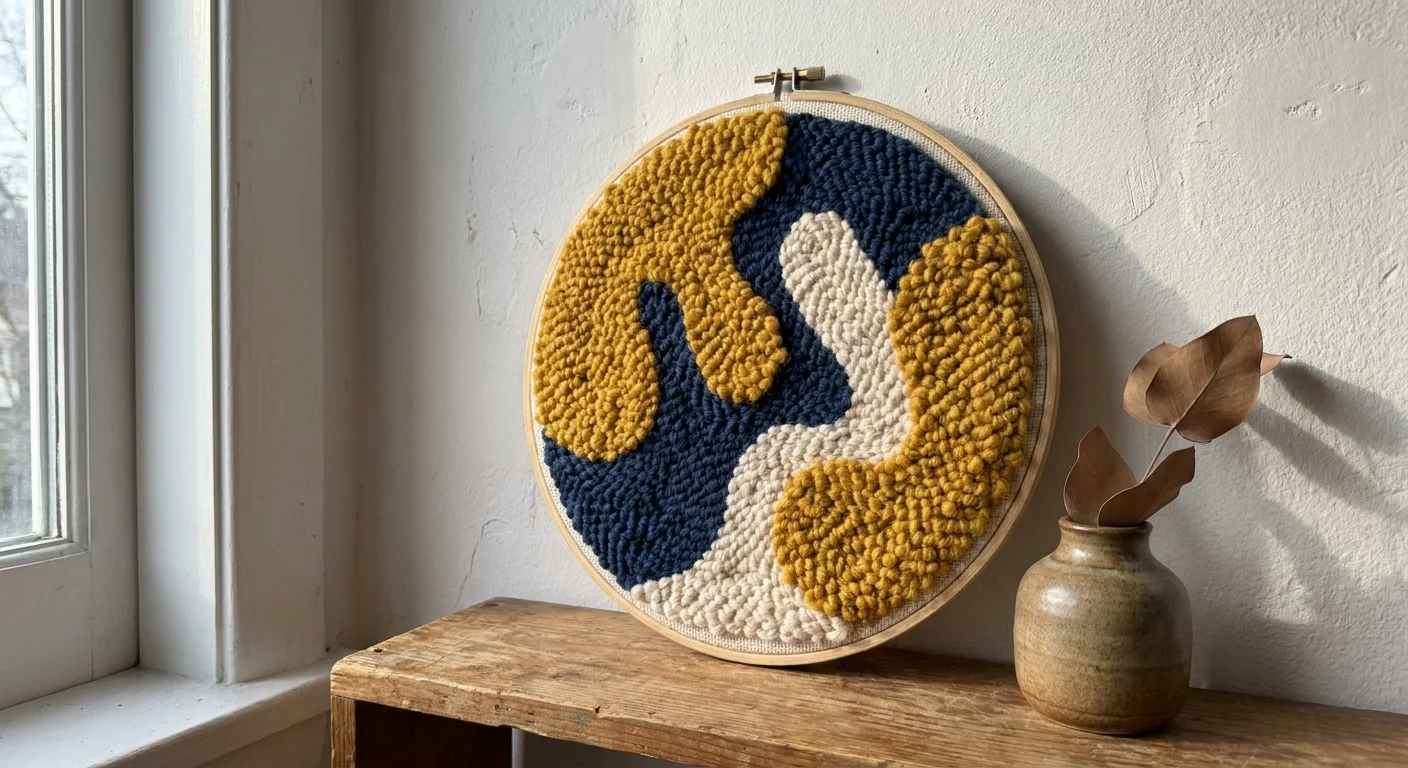 An abstract punch needle art piece in a wooden hoop with textured loops in yellow and navy.