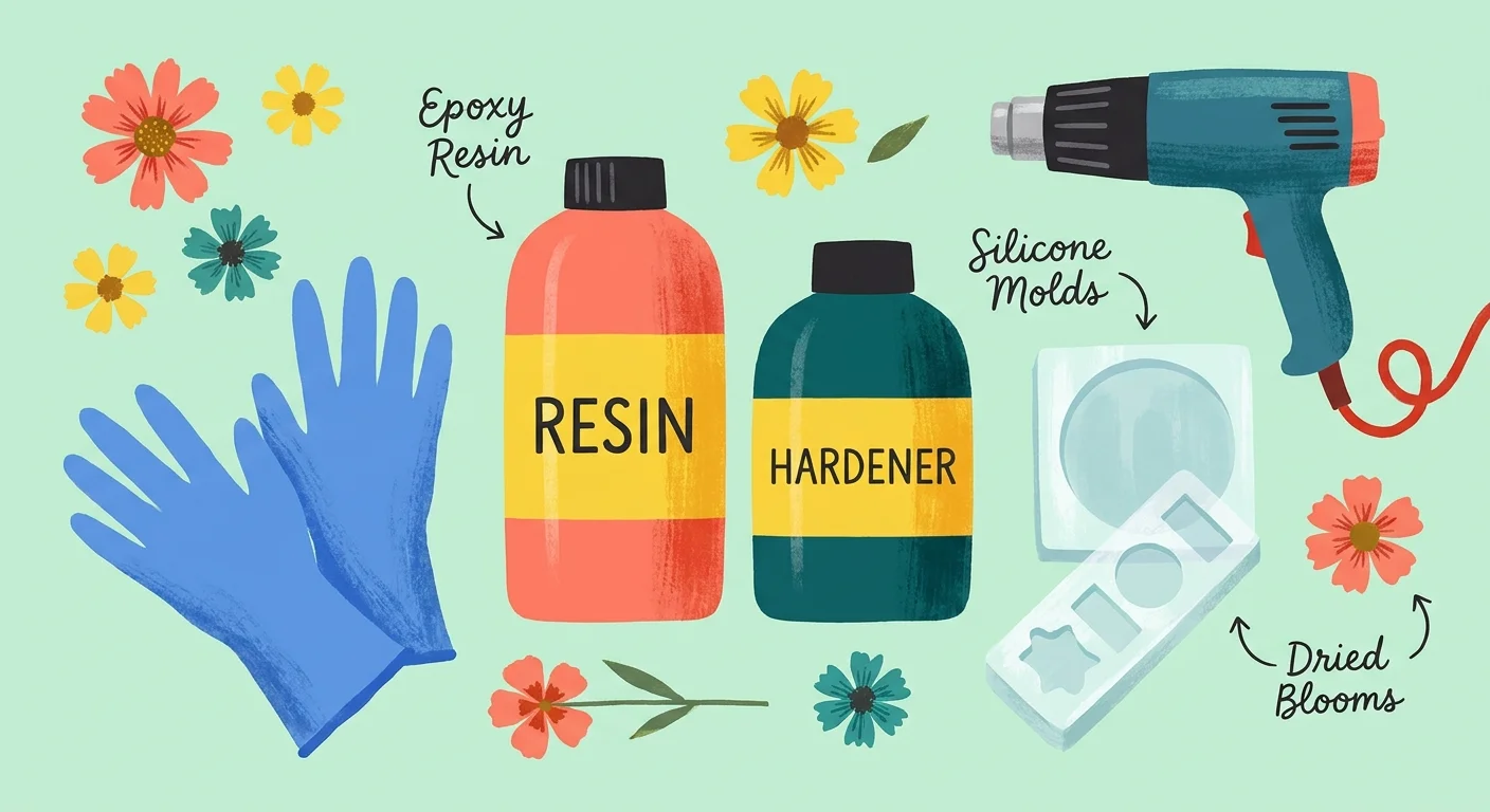 An artistic illustration of resin, hardener, gloves, and dried flowers used for making coasters.