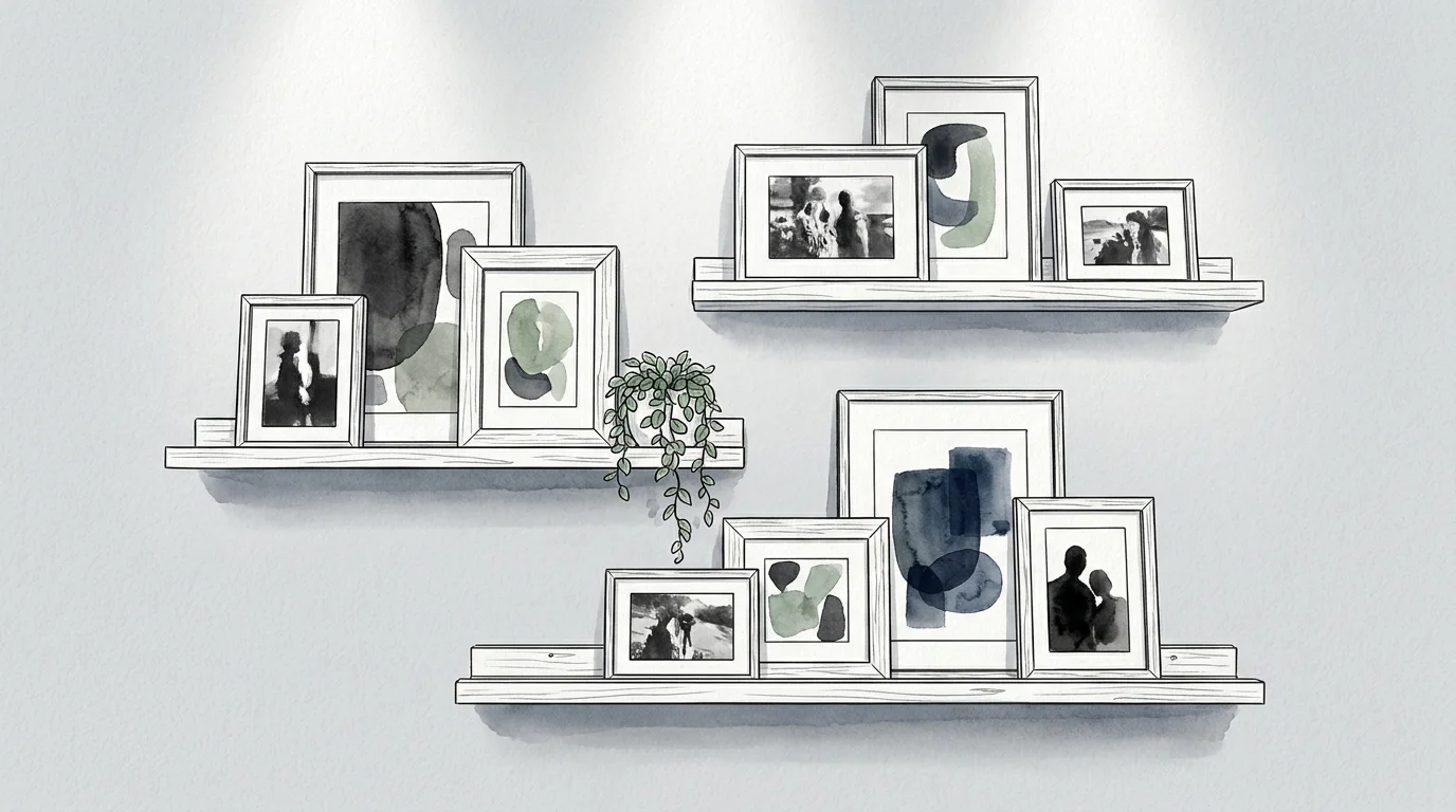 An artistic illustration of three floating wall ledges holding a collection of framed art and plants.