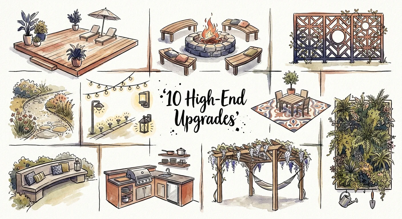 An artistic watercolor illustration showing a map of various backyard improvement projects like a pergola and fire pit.