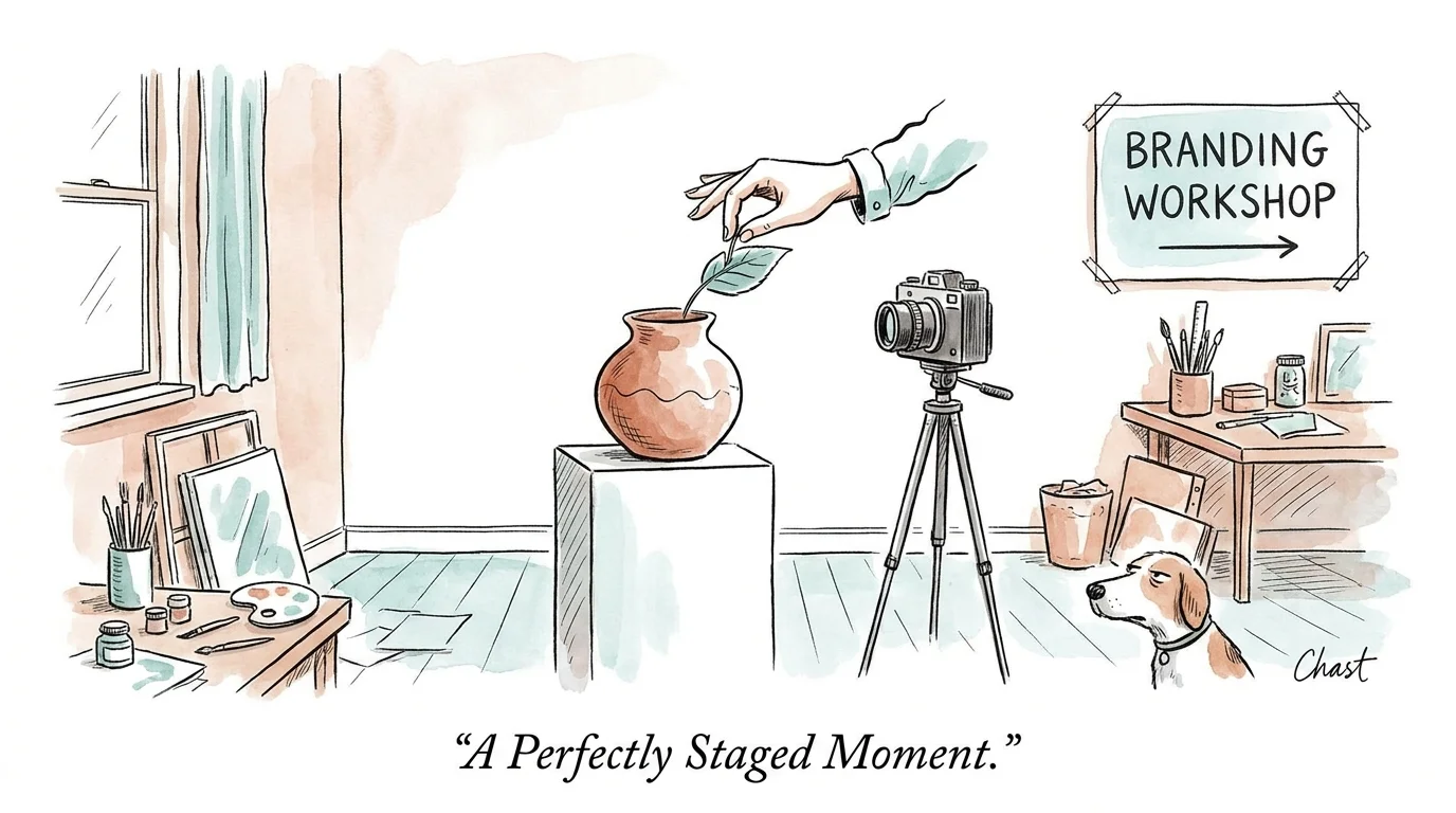 An editorial illustration of a craft being carefully staged and photographed in a minimalist studio.