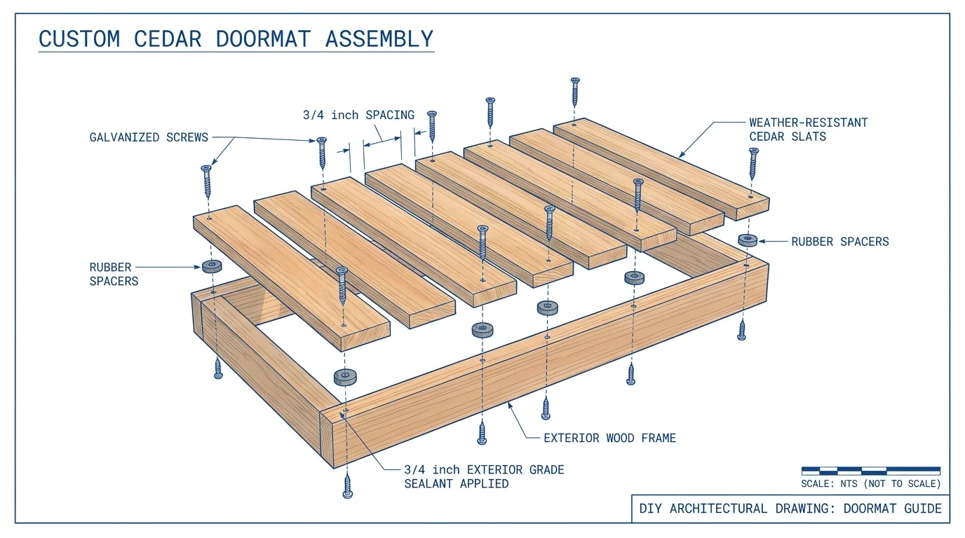 An exploded-view diagram of a DIY wood doormat showing slats, spacers, and screws.