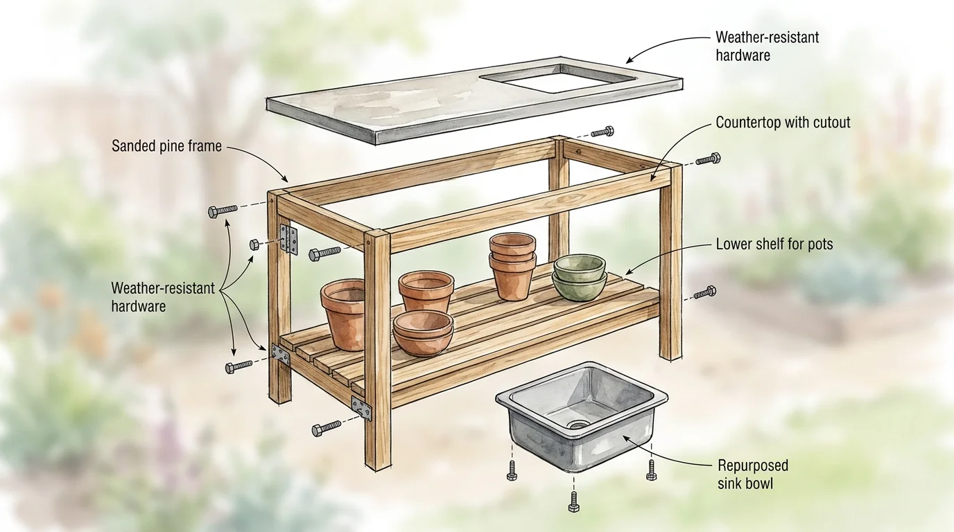 An exploded-view illustration showing the components of a wooden backyard mud kitchen station.