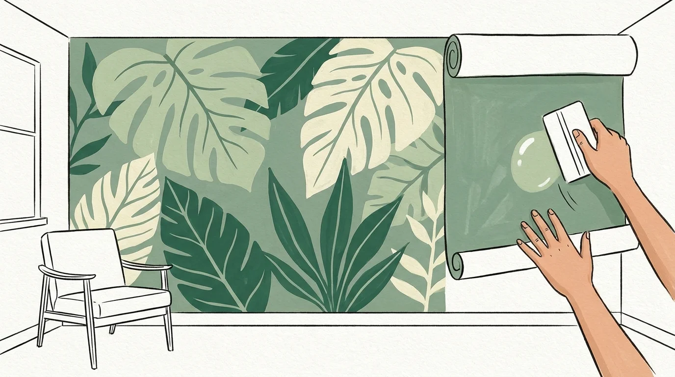 An illustration of a botanical mural being applied to a wall with a smoothing tool.