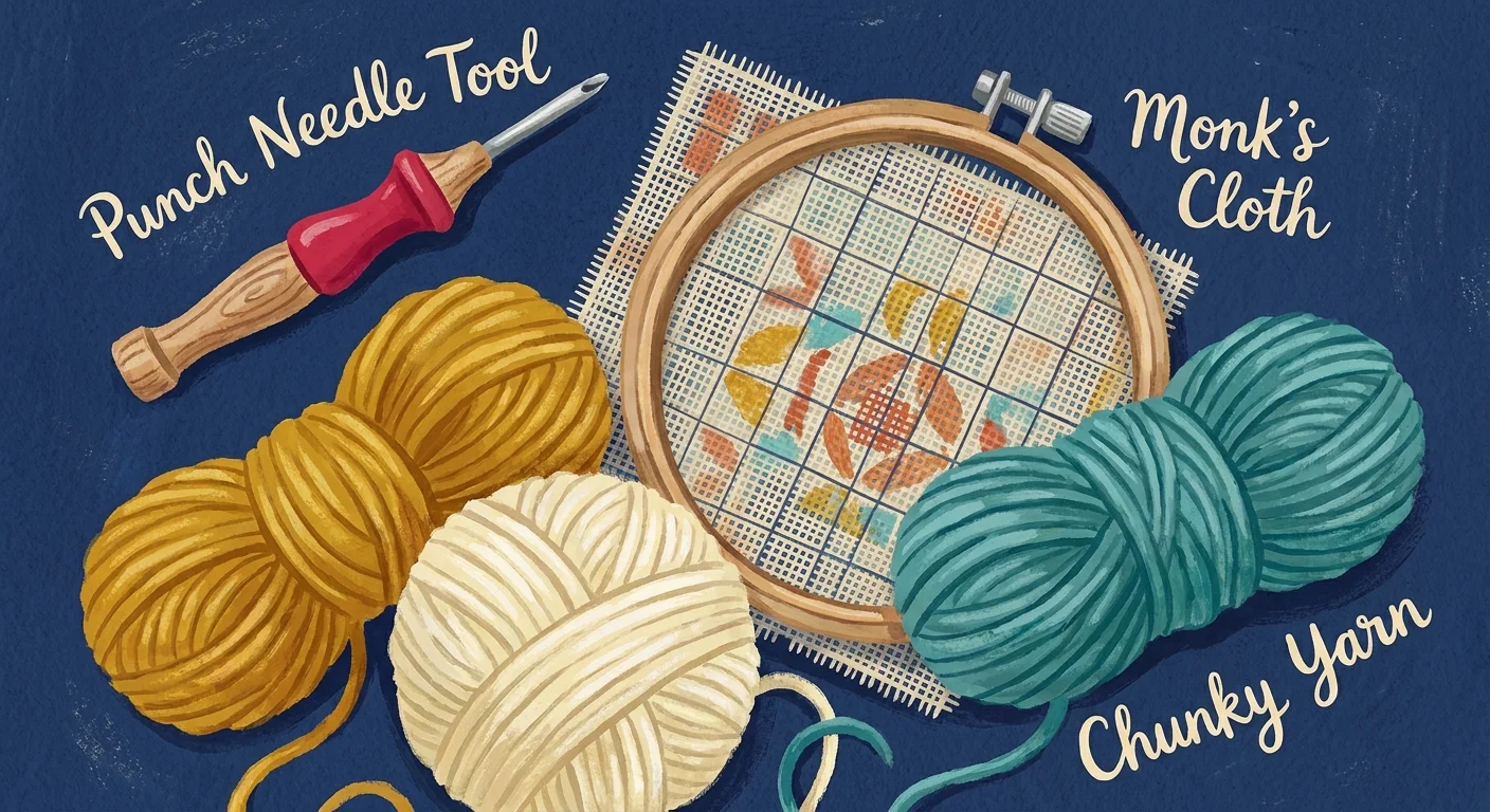 An illustration of a punch needle tool, colorful yarn balls, an embroidery hoop, and monk's cloth.