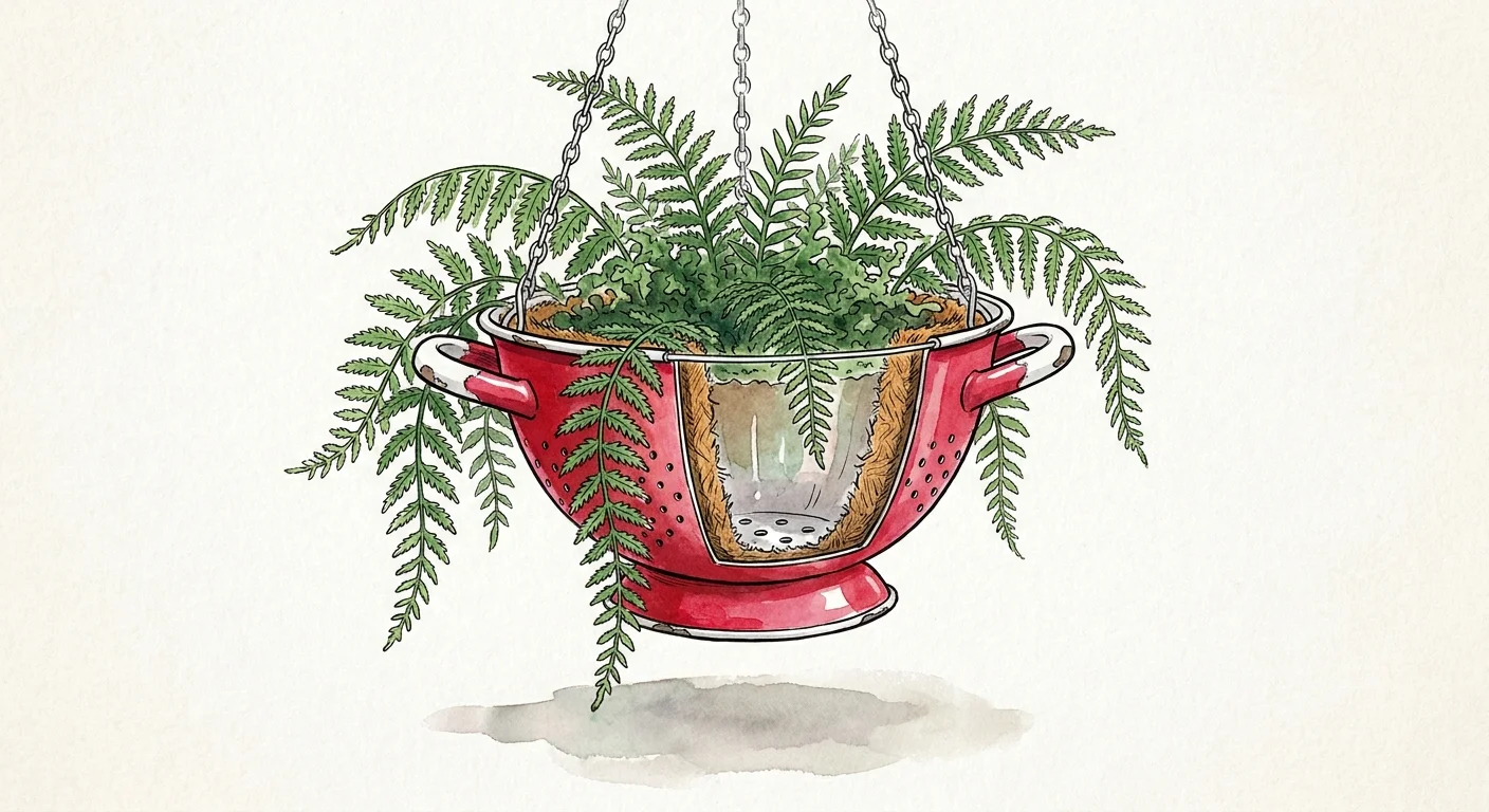 An illustration of a red metal colander converted into a hanging basket with ferns spilling over the sides.
