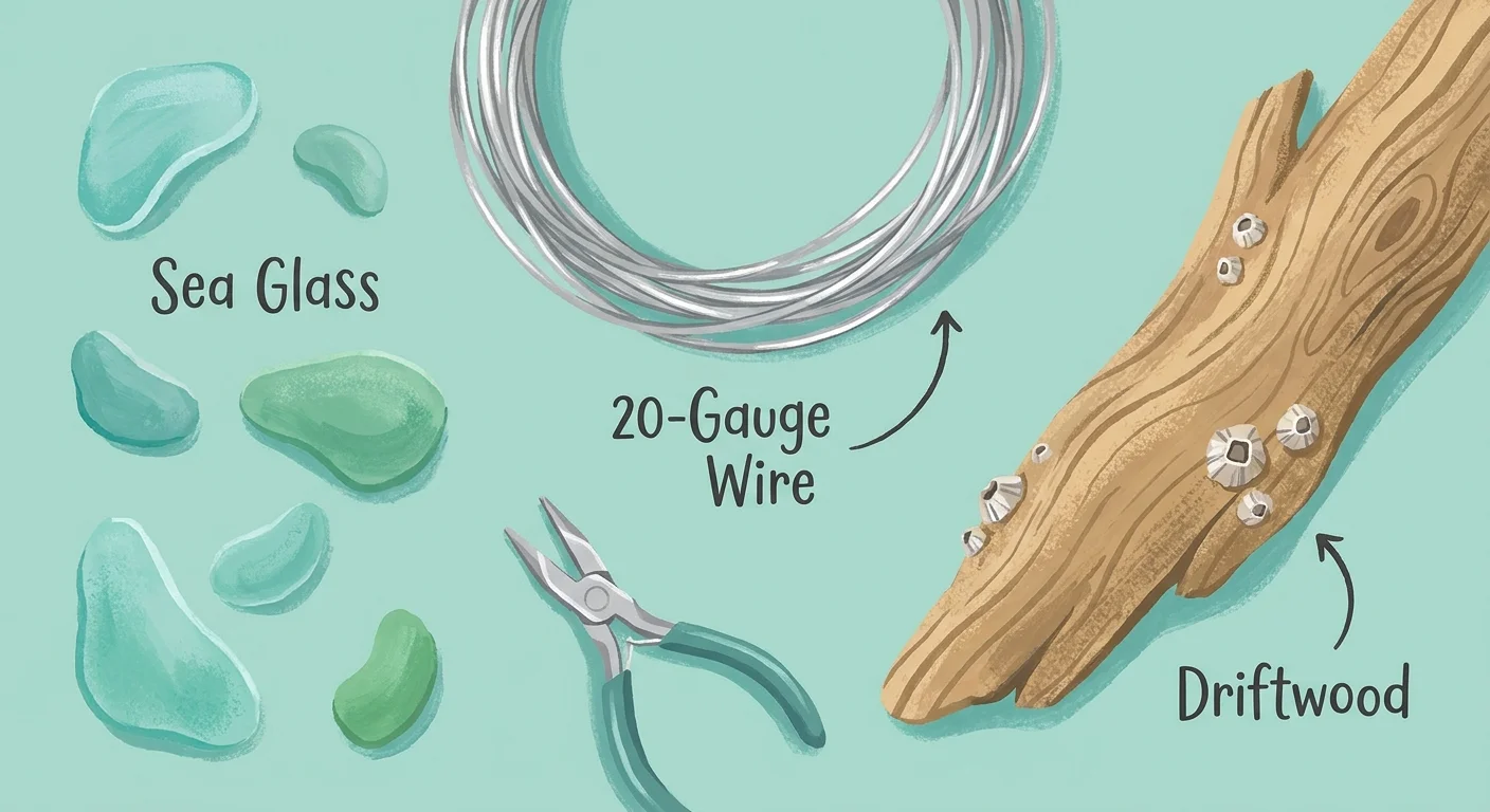 An illustration of sea glass pieces, a coil of wire, pliers, and a small piece of driftwood.
