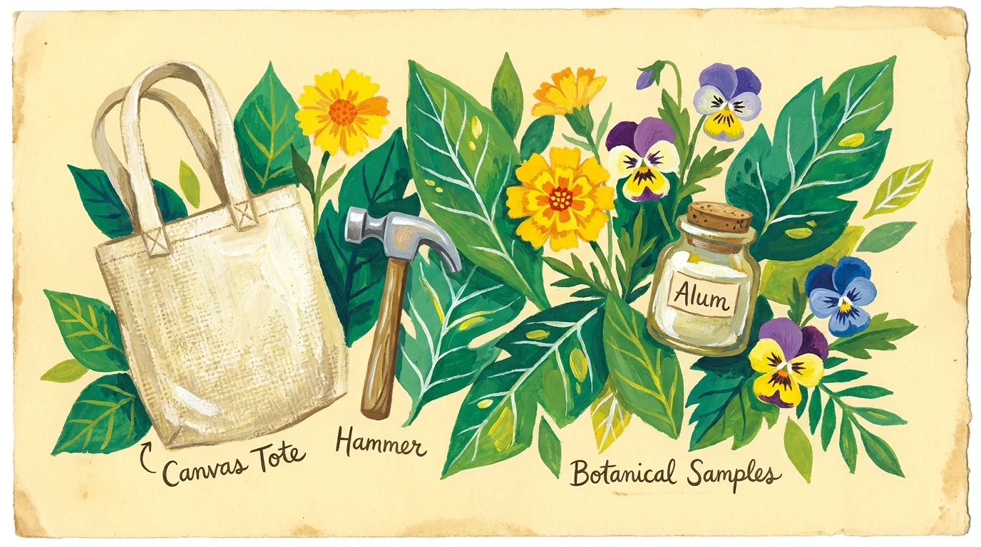 An illustration showing a canvas bag, a hammer, various leaves, and a jar of alum mordant.
