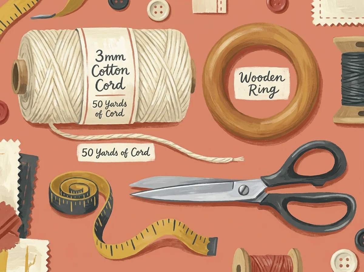 An illustration showing a spool of cotton cord, a wooden ring, and fabric scissors for macrame.