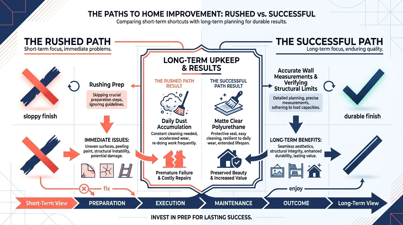 An infographic diagram comparing the results of rushed preparation versus careful measurement and sealing.