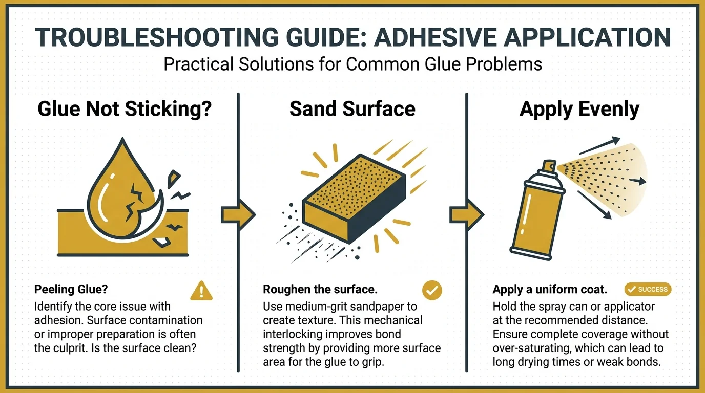 An infographic guide troubleshooting common DIY issues like glue adhesion and sanding.