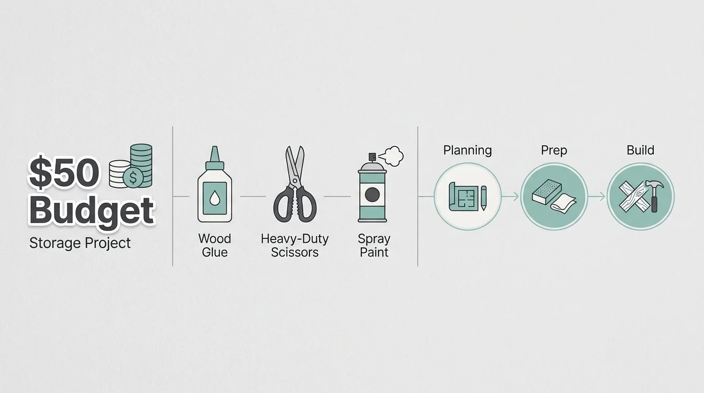 An infographic showing a $50 budget and essential tools like wood glue, scissors, and spray paint for storage projects.