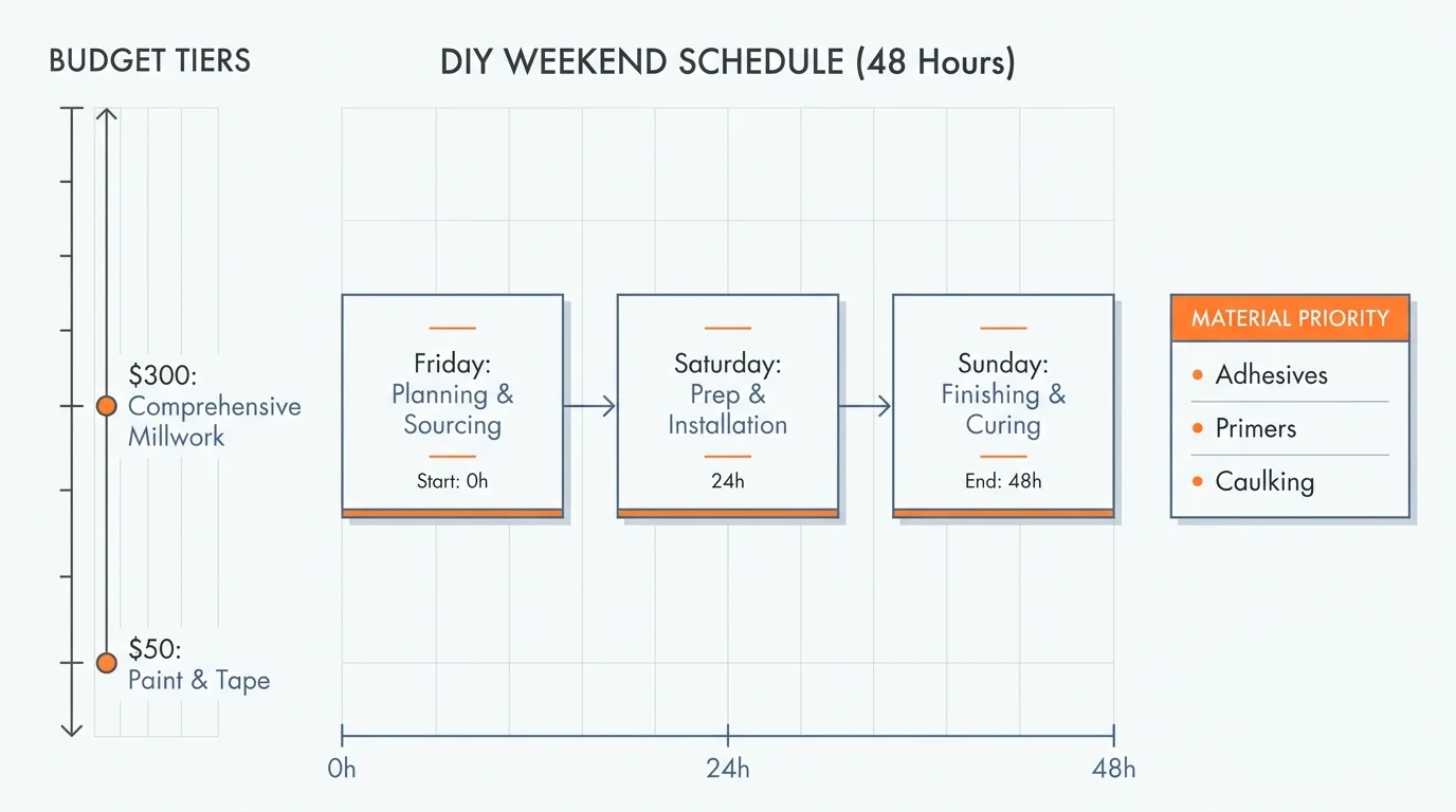 An infographic showing a DIY budget from $50 to $300 and a weekend schedule for wall projects.