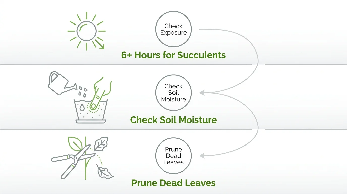 An infographic showing maintenance tips: checking sunlight, soil moisture, and pruning leaves.