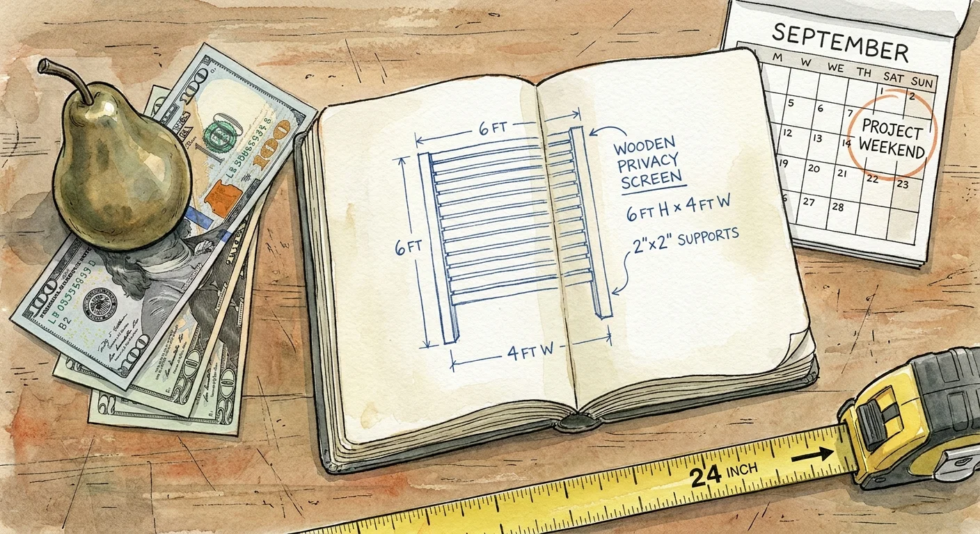 An ink and watercolor illustration of a workbench with a sketchbook, a $100 budget, and a tape measure.