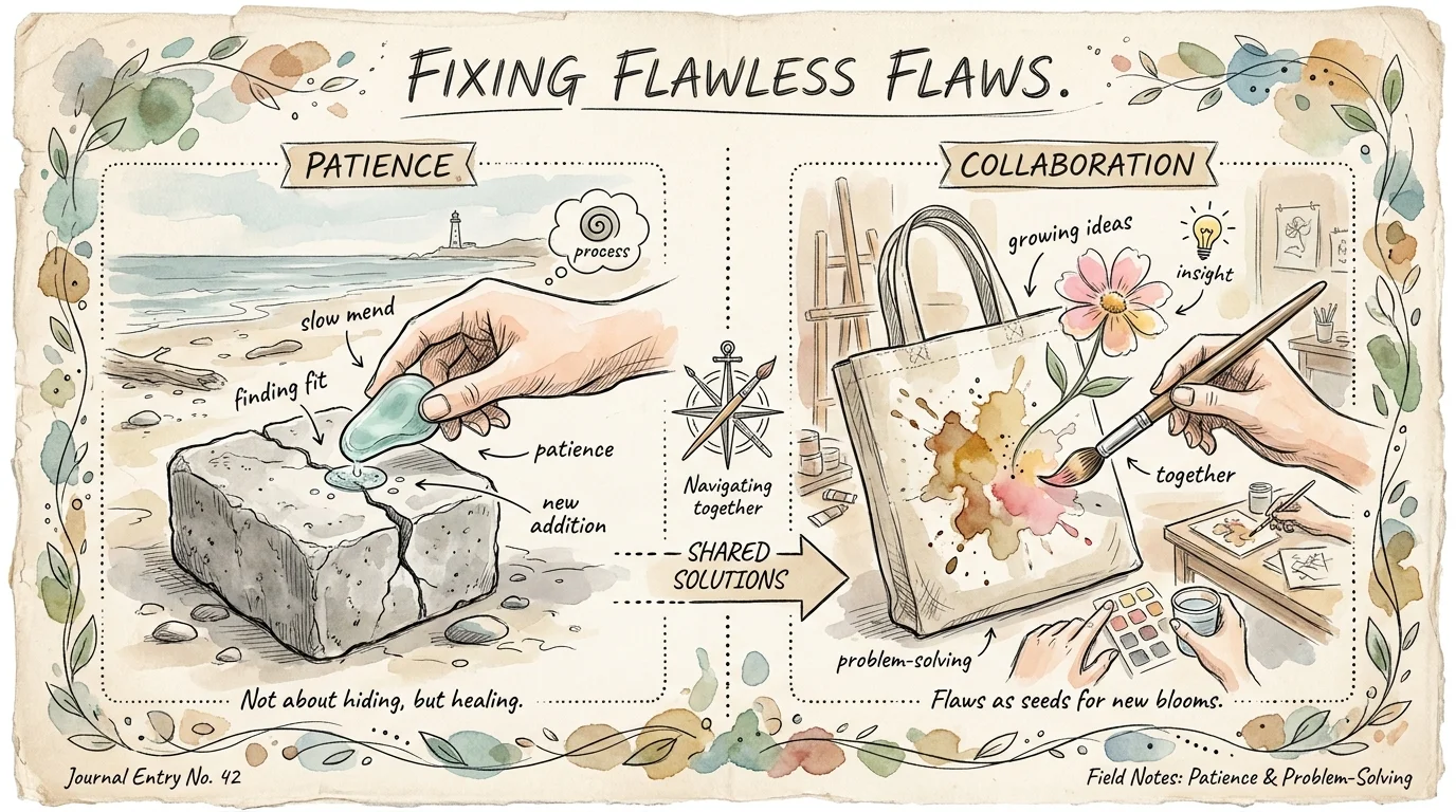 An ink and watercolor illustration showing how to fix small craft mistakes, like covering a concrete crack with glass.