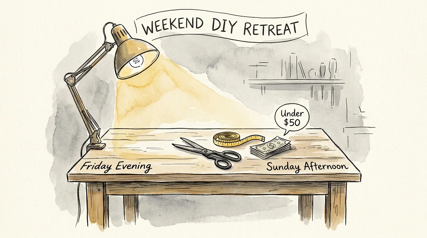 An ink and watercolor sketch of a craft table with a lamp, scissors, and a measuring tape, labeled for a weekend timeline.