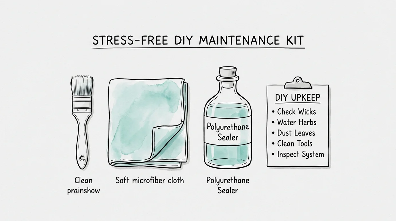 An ink sketch of a maintenance kit including a sealer bottle, a cloth, and a paintbrush with a checklist.
