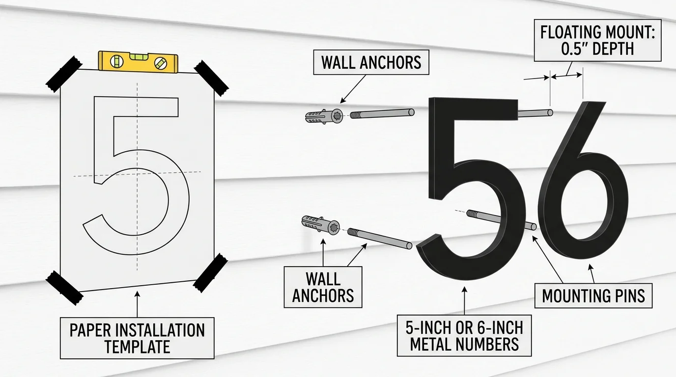 An instructional diagram showing how to install floating house numbers using a template and level.