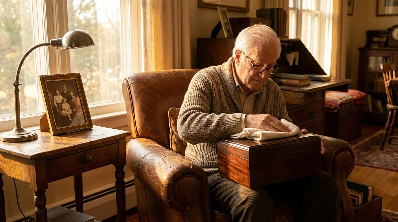 An older man sitting in an armchair, carefully oiling a wooden memory box to maintain its finish.