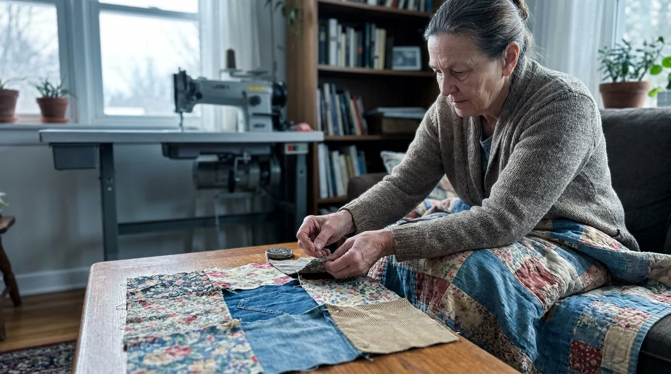 An older woman at a coffee table pinning together colorful fabric squares for a handmade storybook quilt.
