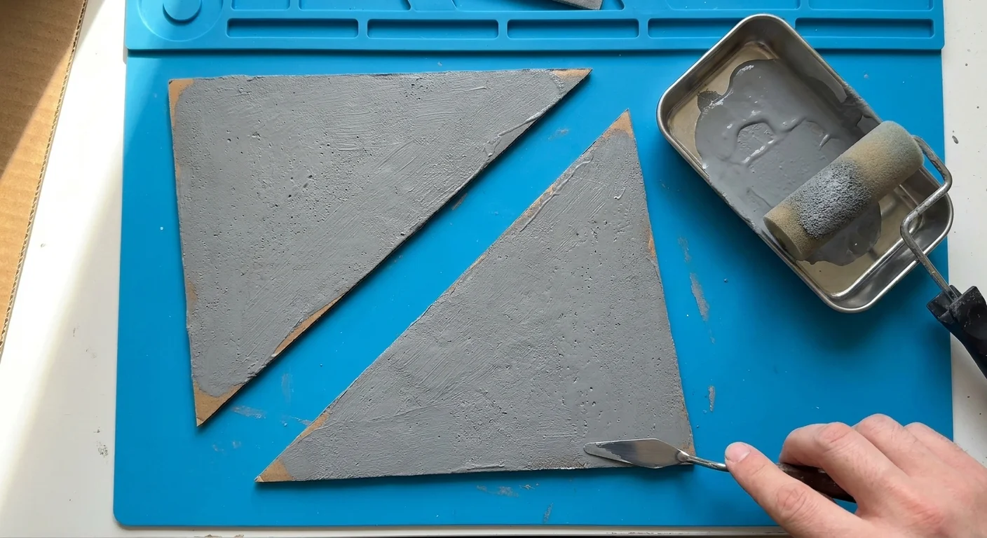 An overhead view of geometric shapes being painted with gray textured paint to look like concrete.
