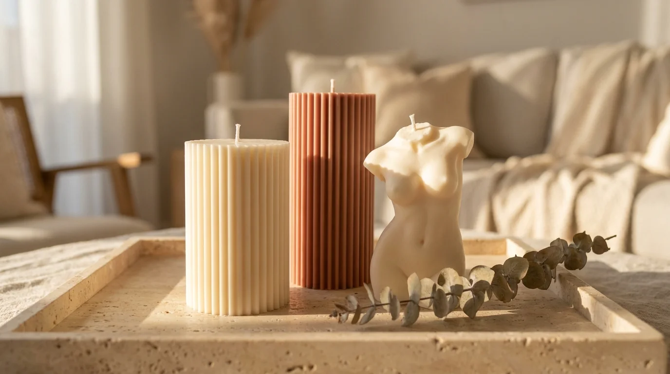 Artistic soy candles shaped like classical sculptures and pleated columns on a stone tray.