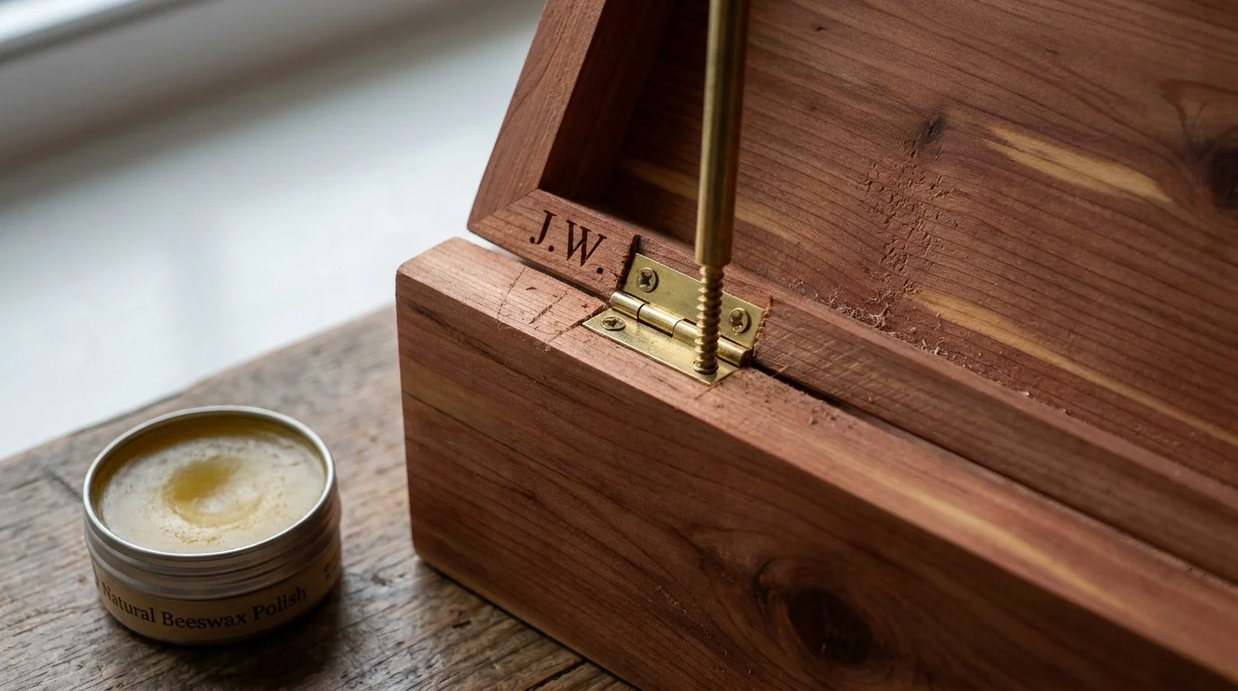 Close-up of a cedar memory box with brass hinges and routed initials, showing the fine wood grain.