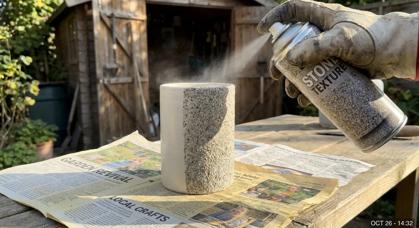 Close-up of a ceramic vase being sprayed with textured paint to look like real stone.