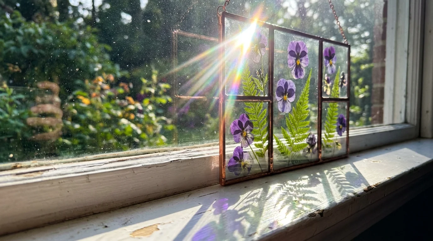 Close-up of a glass suncatcher with pressed flowers hanging in a sunny window, casting colorful light.
