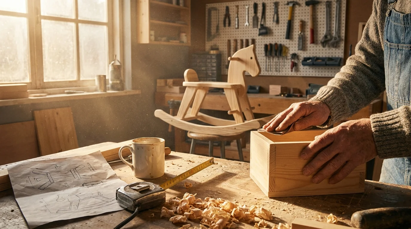 Close-up of a grandparent's hands sanding a wooden box on a sunlit workbench surrounded by woodworking tools.