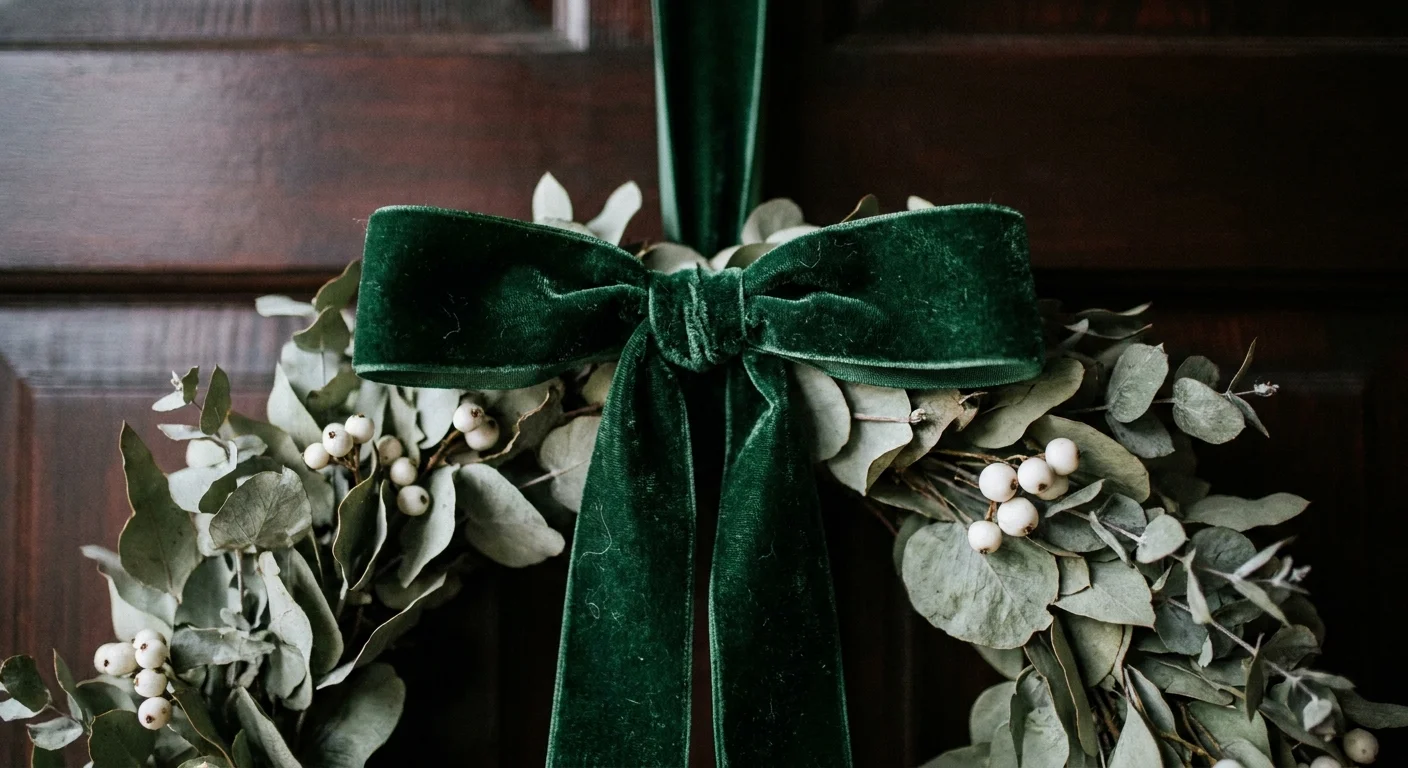 Close-up of a green velvet ribbon tied onto a eucalyptus wreath on a dark wood door.