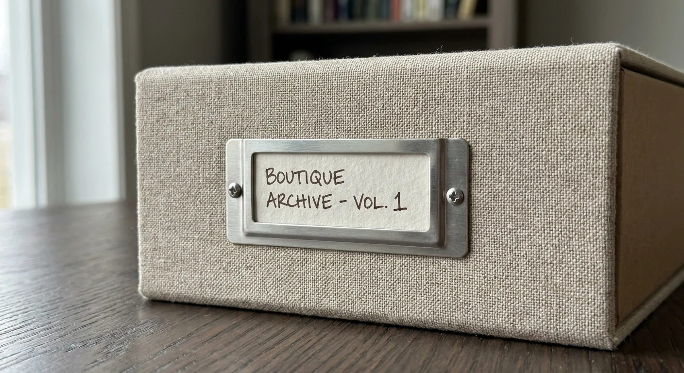 Close-up of a linen-wrapped storage box with a professional metal label plate.