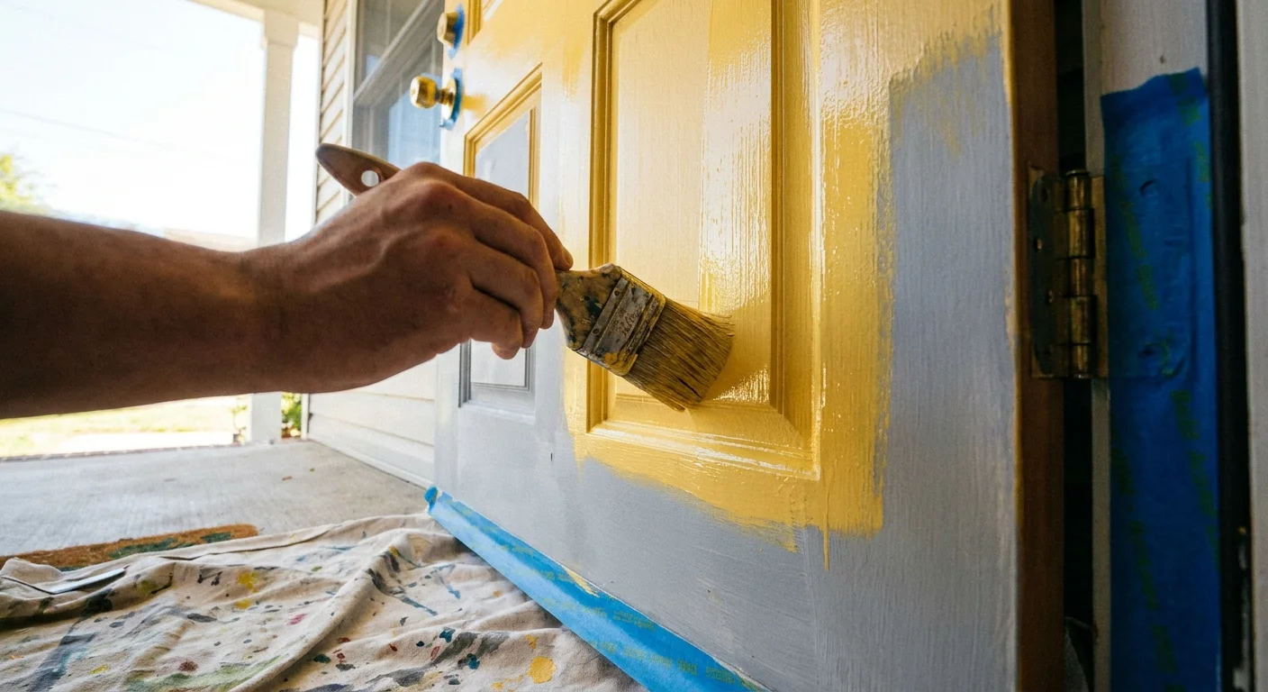 Close-up of a person painting a front door a bright yellow color with blue painter's tape around the handle.