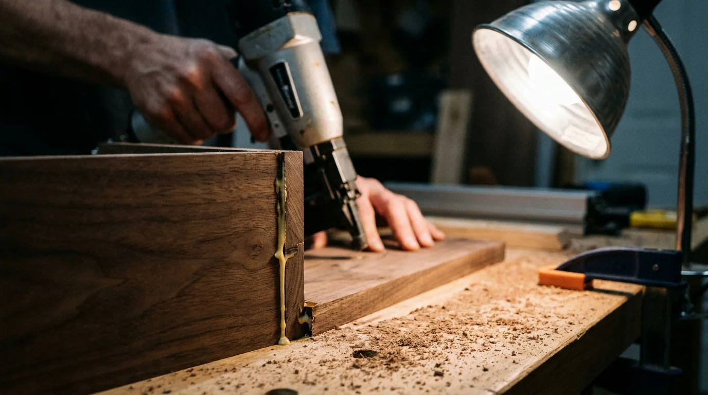 Close-up of a wood joint being glued and nailed on a workbench covered in sawdust.