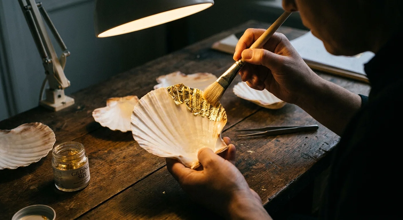 Close-up of gold leaf being applied to the rim of a white scallop shell with a small brush.