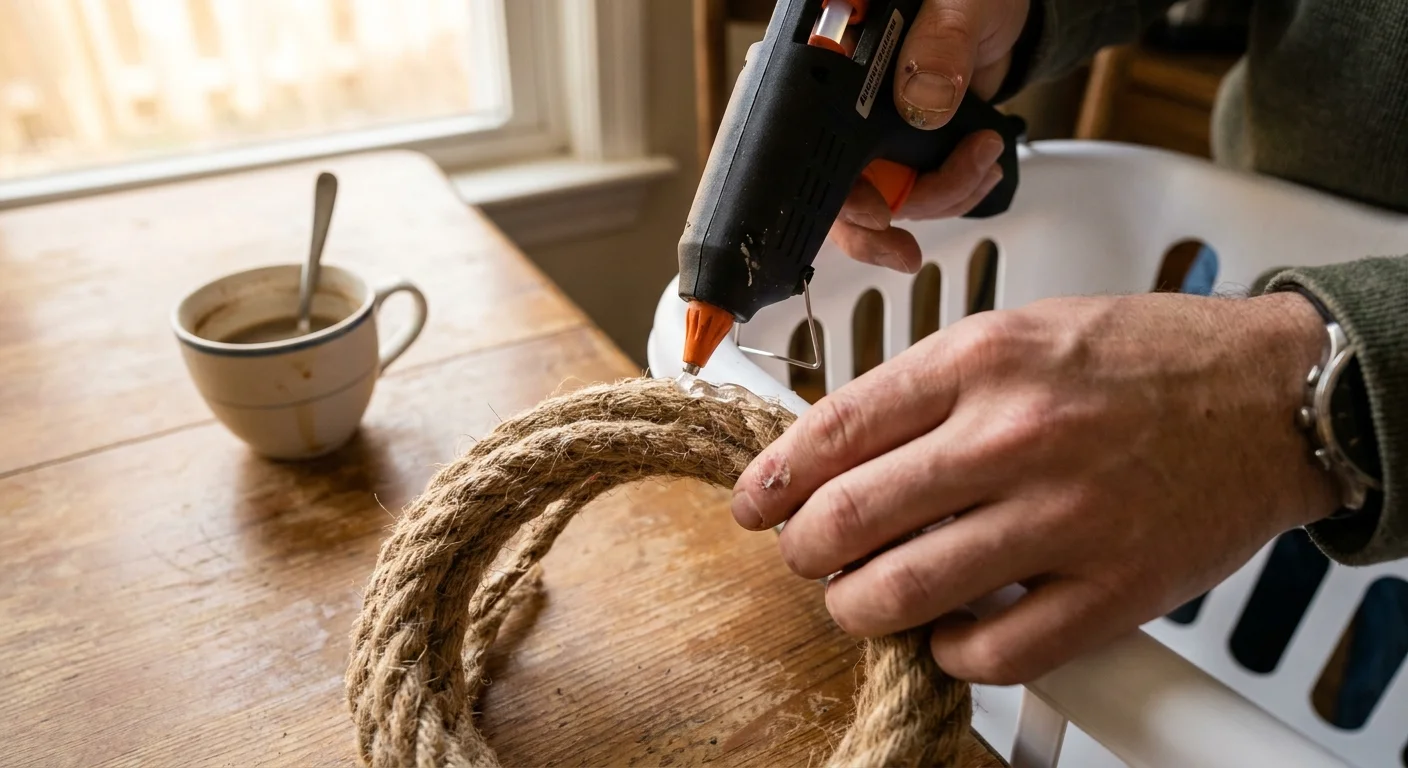 Close-up of hands gluing thick jute rope onto a plastic basket to create a nautical storage bin.