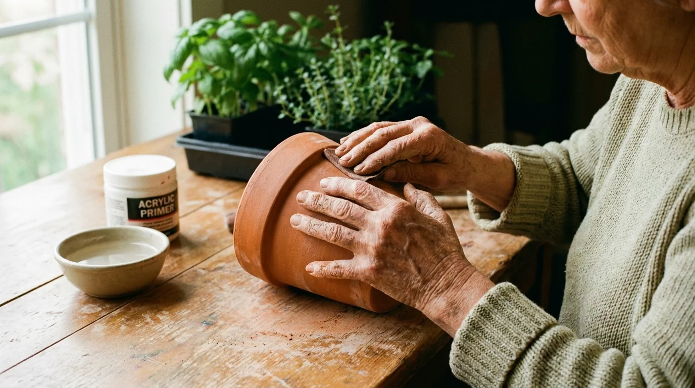 Close-up of hands sanding a terracotta pot on a wooden table, preparing it for painting.