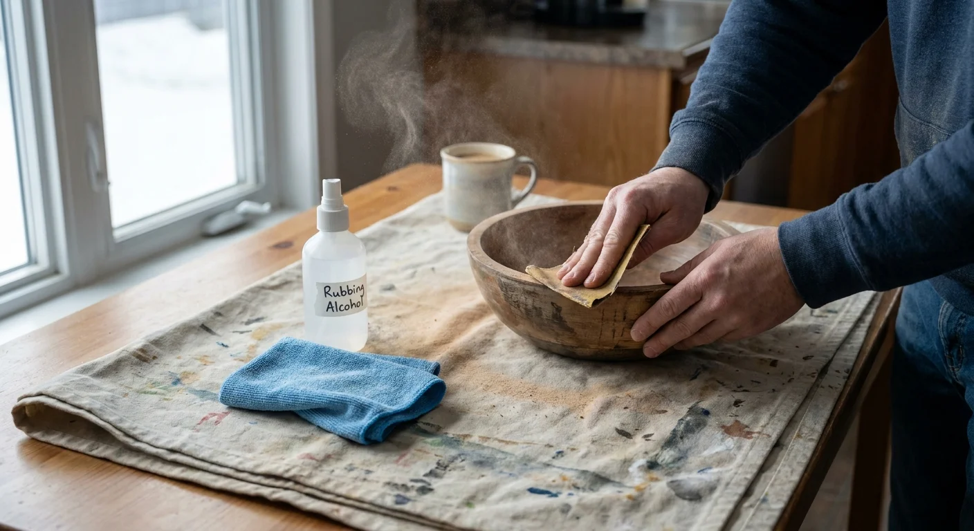 Close-up of hands sanding a wooden bowl on a canvas-covered table with cleaning supplies nearby.