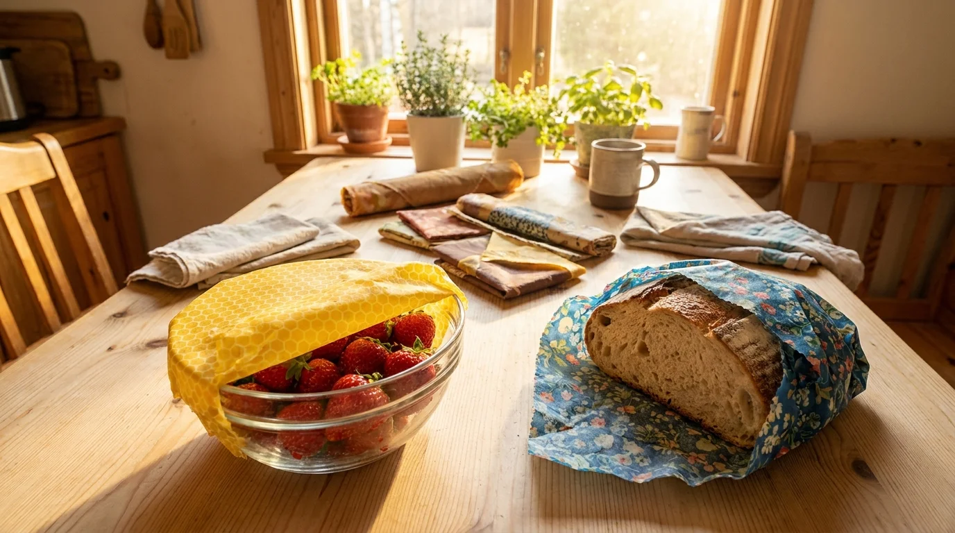 Colorful patterned beeswax wraps covering a bowl of strawberries and a loaf of bread on a wooden table.