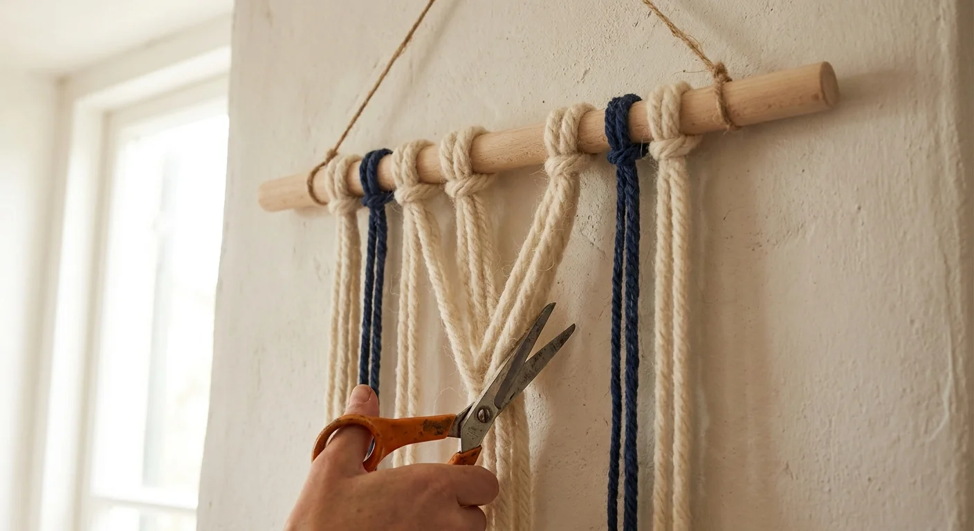 Detail of yarn being knotted onto a wooden dowel for a handmade wall hanging.